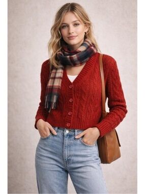 American Eagle Cropped Cable-Knit Button Cardigan Sweater - Red, Medium